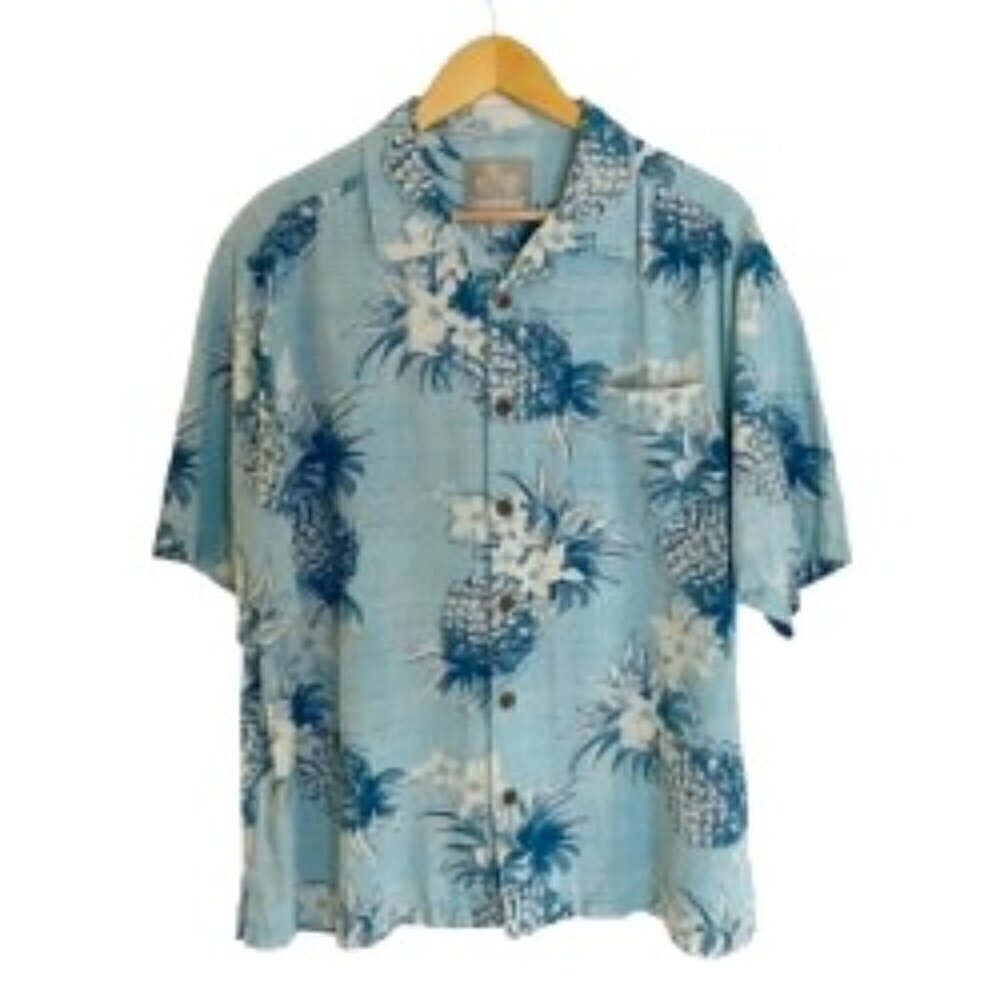Margaritaville Blue & White 100% Silk Hawaiian Shirt XLarge